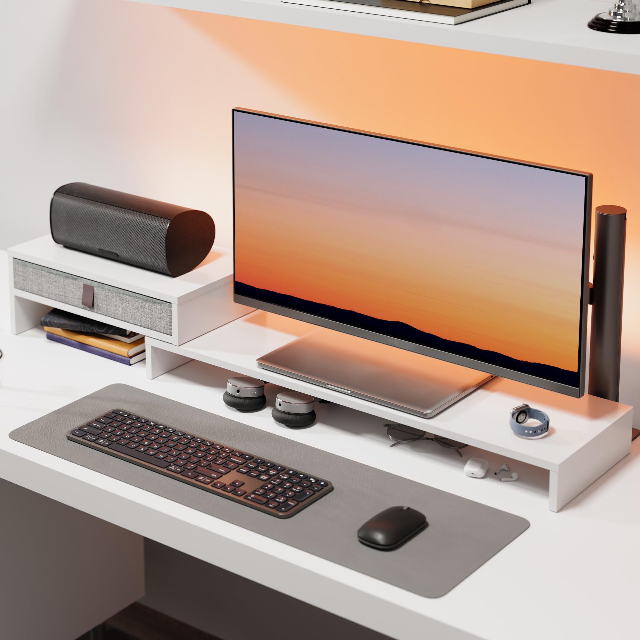 FENGE Dual Monitor Stand Riser with Storage Drawer - Adjustable 3-Tier Laptop & Screen Stand for Office, White | Perfect for Workspace Organization, Printer Shelf & Multi-Monitor Setup