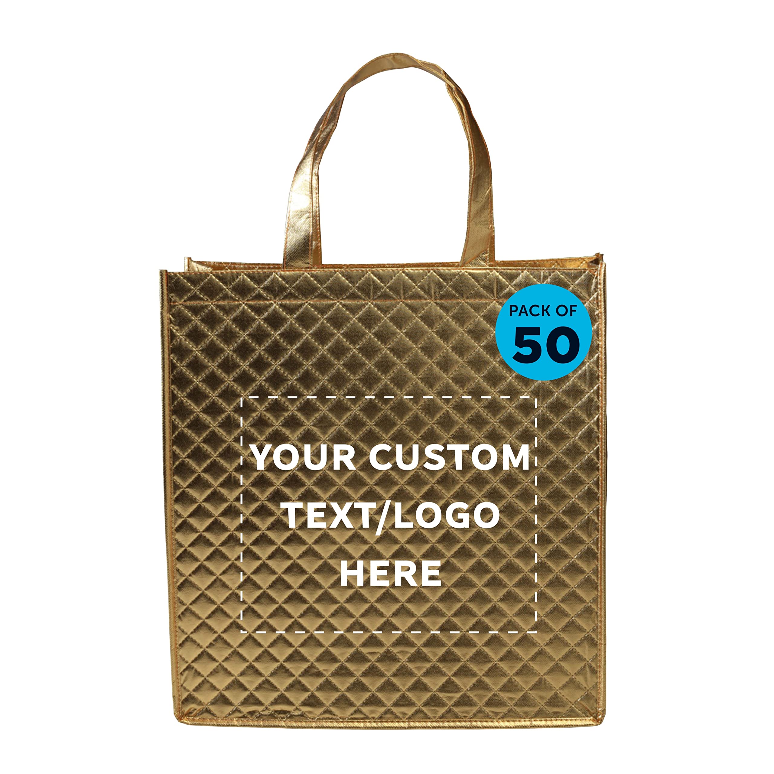 Custom Personalized Luxury Laminated Tote Bags - Bulk Pack of 50 Reusable Shopping Bags - Elegant Gold Finish for Wedding Favors, Beach Trips & Retail Promotions - Perfect for Branding, Corporate Gifts & Eco-Friendly Shopping