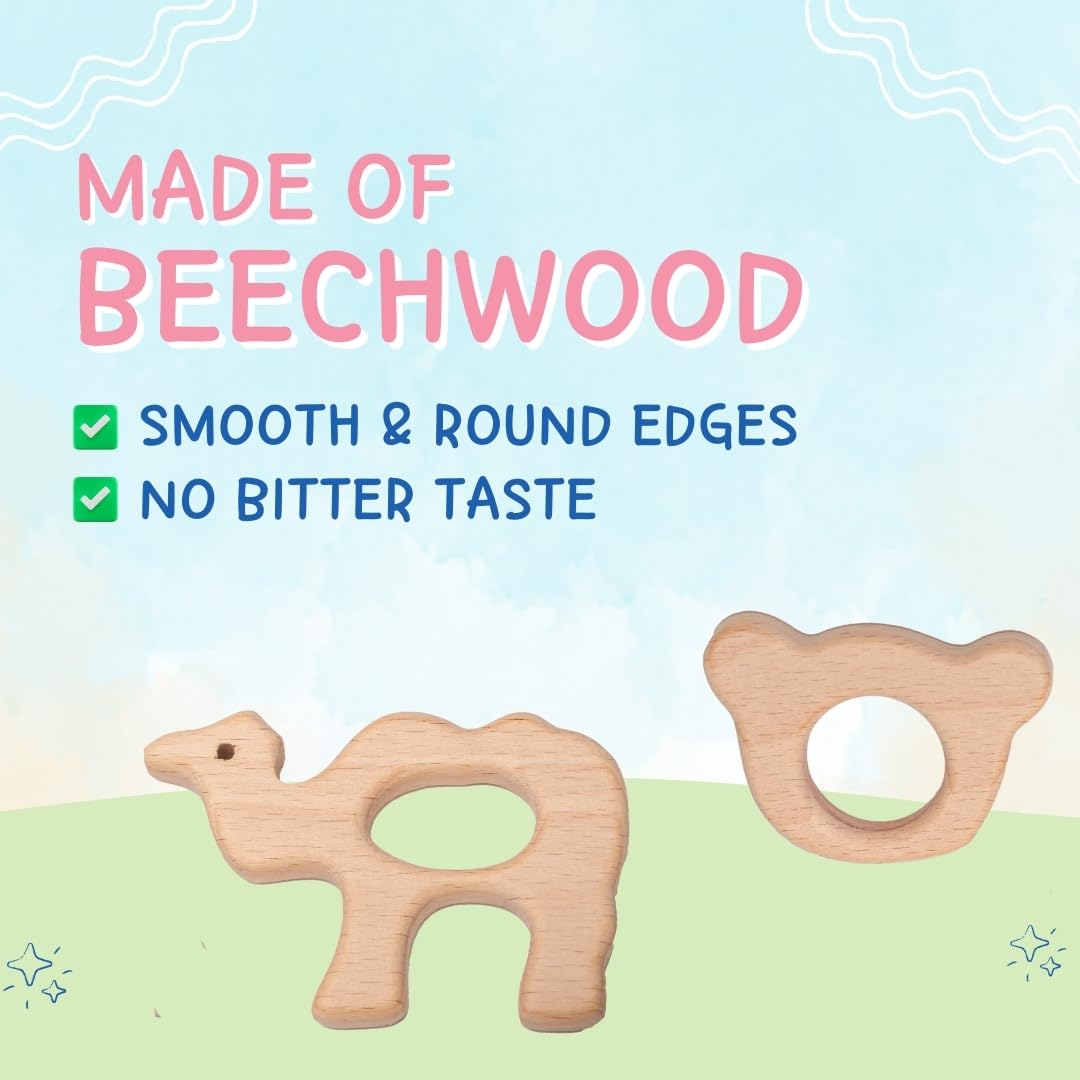 Natural Wooden Teething Toys for Babies - Pack of 2 (Camel & Cat) | Safe & Non-Toxic Beech Wood Teethers | Soothing Relief for Teething Infants | Perfect Baby Shower Gift & Nursery Essential