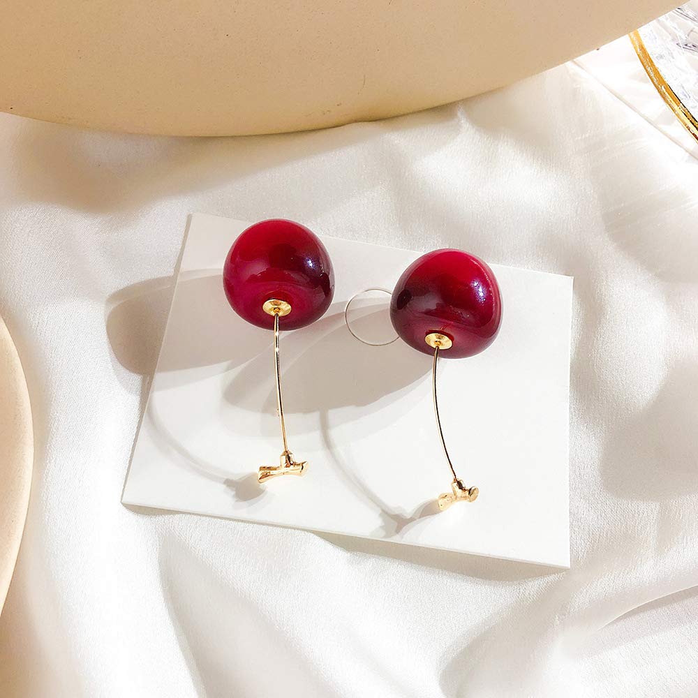3D Red Cherry Drop Earrings - Cute Fruit Dangle Earrings for Women, Gold Plated Jewelry Gift for Birthday, Party, Wedding & Everyday Wear