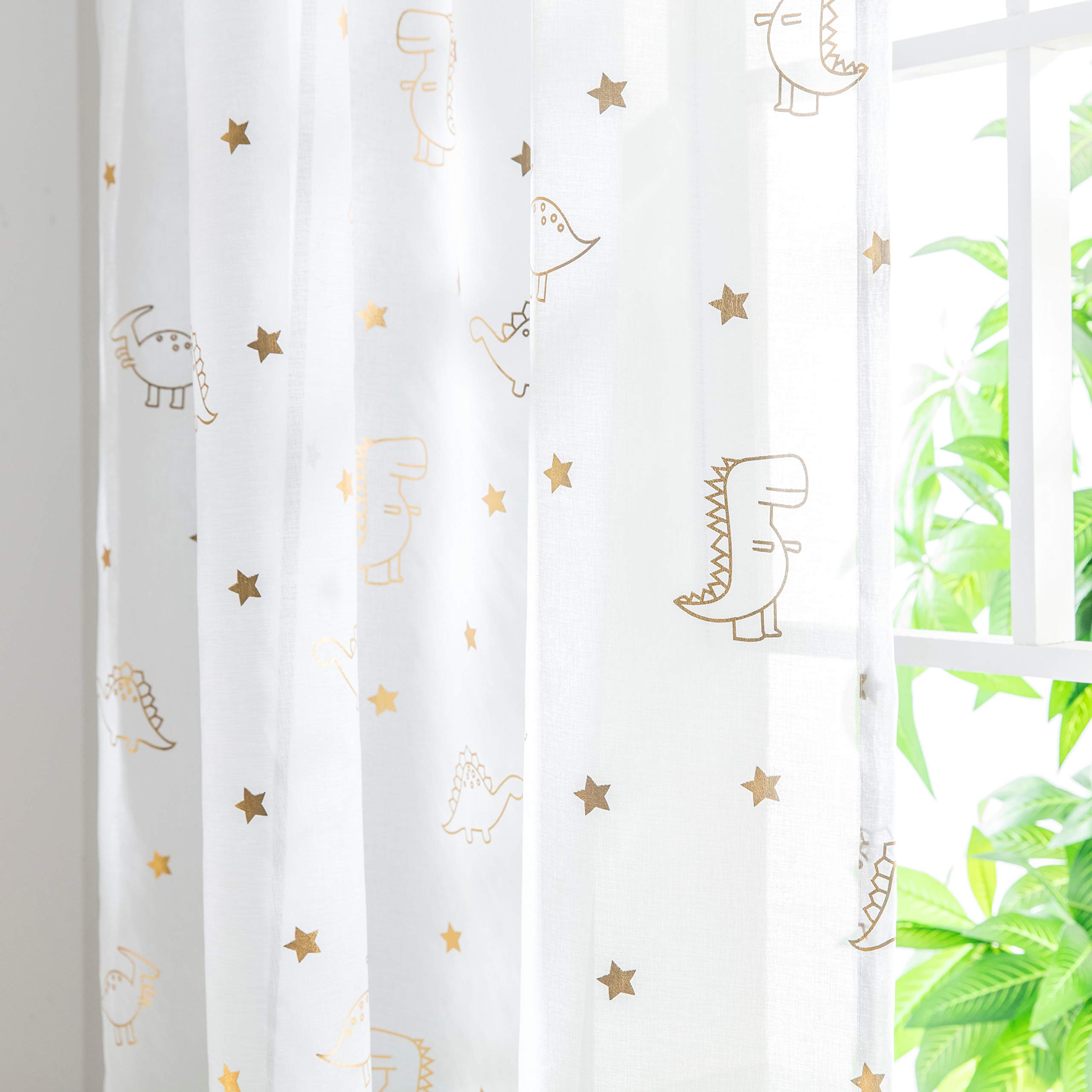 Dinosaur Sheer Curtains for Kids Room - Gold Foil Print Star & Dino Pattern Voile Drapes, 52x84 Inches, Set of 2 Panels with Rod Pocket | Perfect for Boys Nursery, Bedroom Decor & Playroom Windows