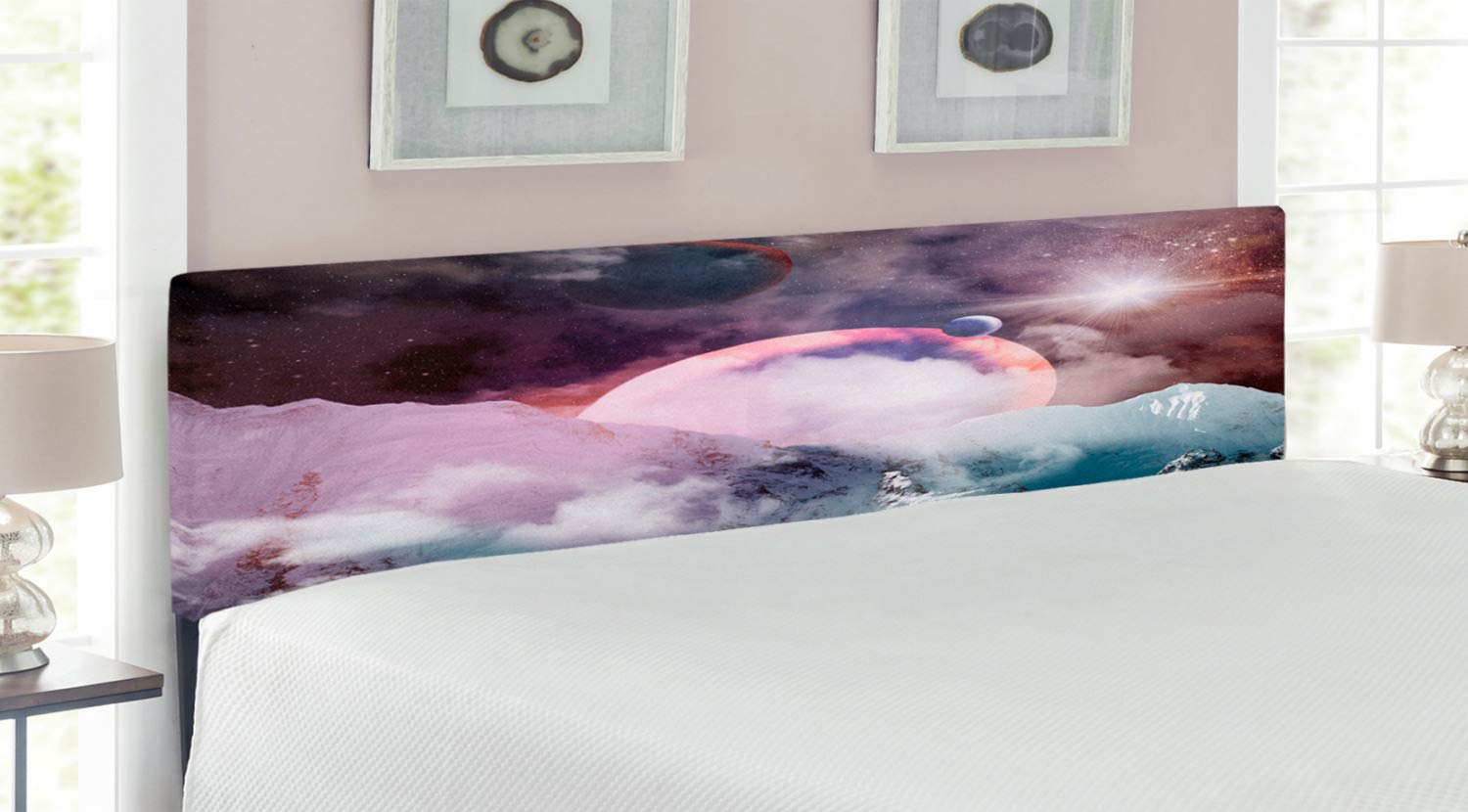 Ambesonne Outer Space Headboard - Galaxy Print with Planets & Natural Scenery | Upholstered Decorative Metal Bed Headboard with Memory Foam | King Size in Dried Rose Pale Pink | Perfect for Space-Themed Bedrooms, Kids Rooms & Modern Home Decor