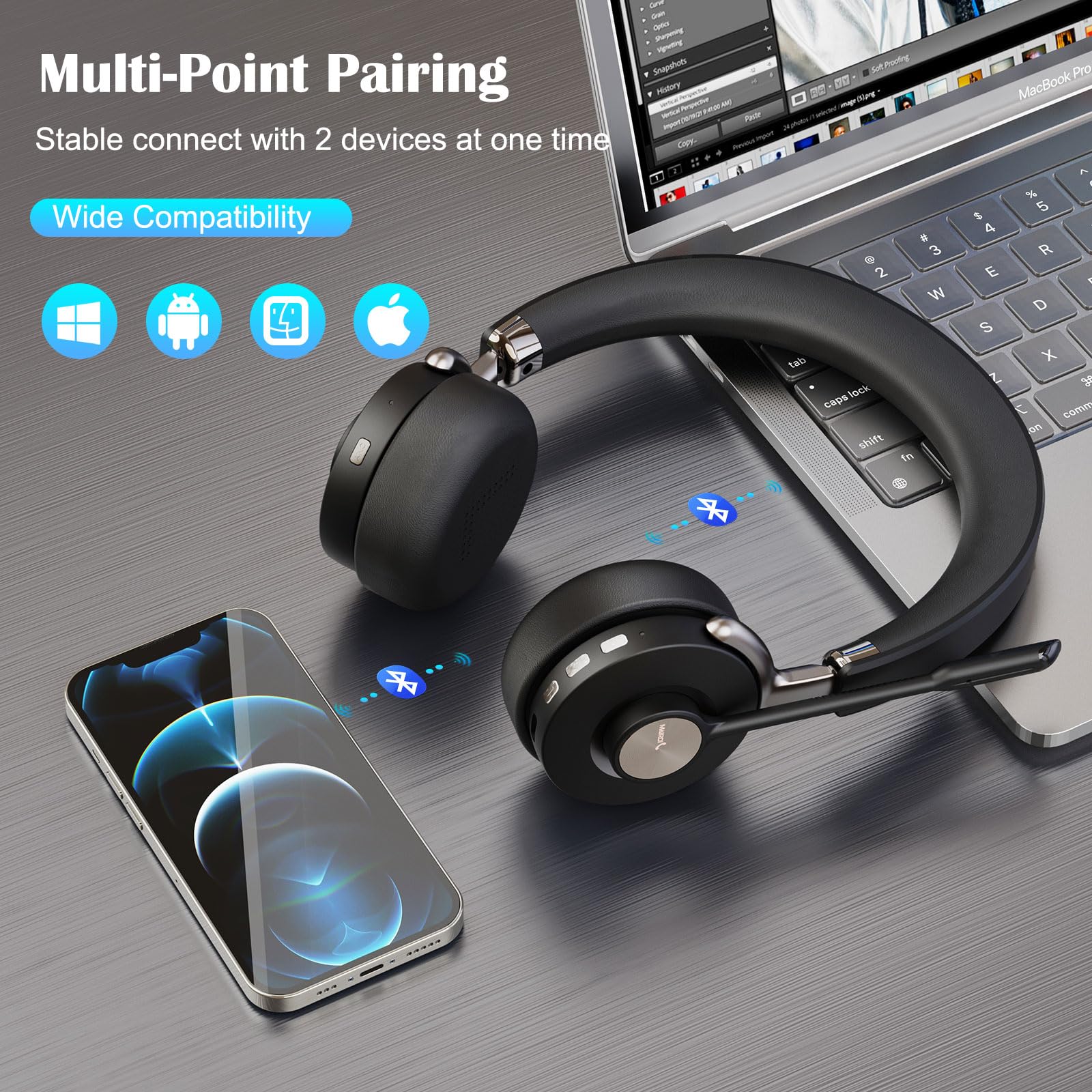 MAIRDI Wireless Bluetooth Headset with Microphone - AI Noise Cancelling for PC, Laptop, Phone - 40 Hours Battery Life - Perfect for Office, Call Center, Remote Work & Online Meetings (Teams, Zoom, Skype)