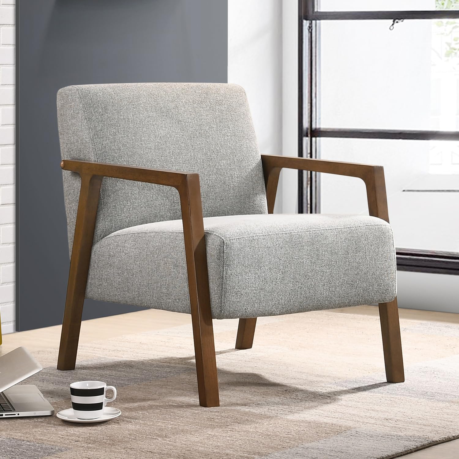 Fletcher Solid Wood & Fabric Upholstered Lounge Accent Chair - Grey Modern Living Room Chair for Home Office, Reading Nook & Cozy Sitting Area