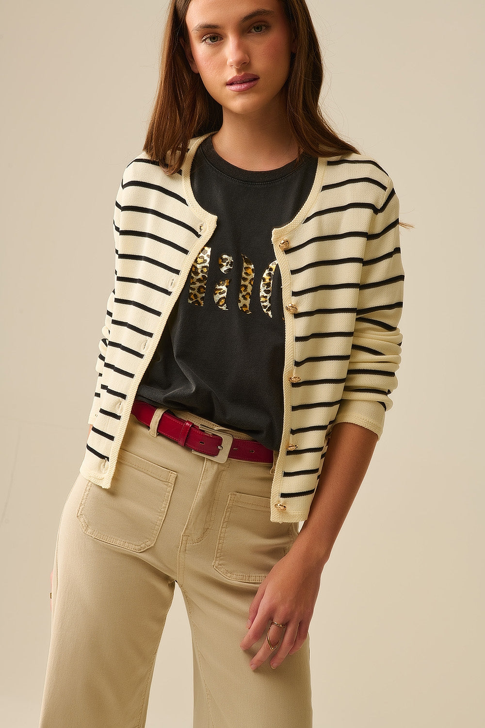 Black Striped Cream Cardigan with Gold Buttons - Cozy Knit Sweater for Women, Perfect for Fall & Winter Layering, Office Wear, and Casual Outfits