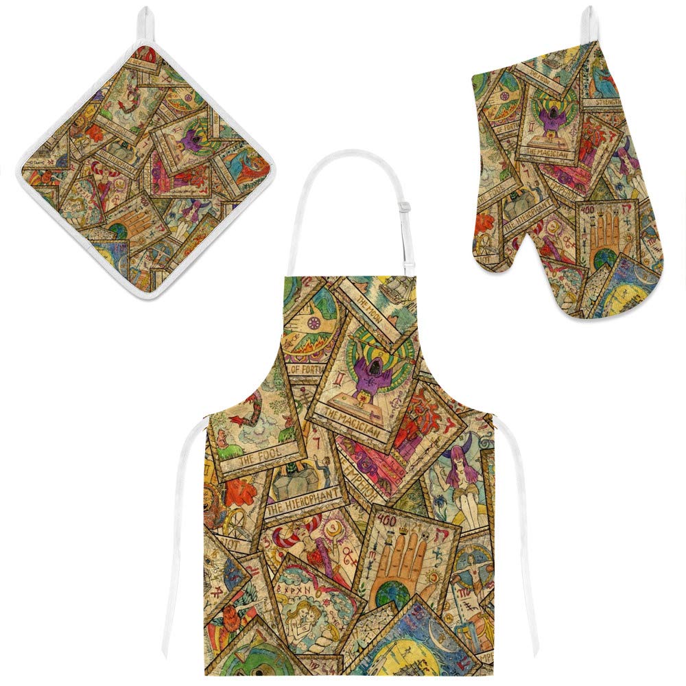 Vintage Tarot Cards Print Adjustable Kitchen Apron Set with Pockets, Oven Mitt & Pot Holder - 3 Piece Cooking & Baking Accessories for BBQ, Grilling & Home Kitchen Use