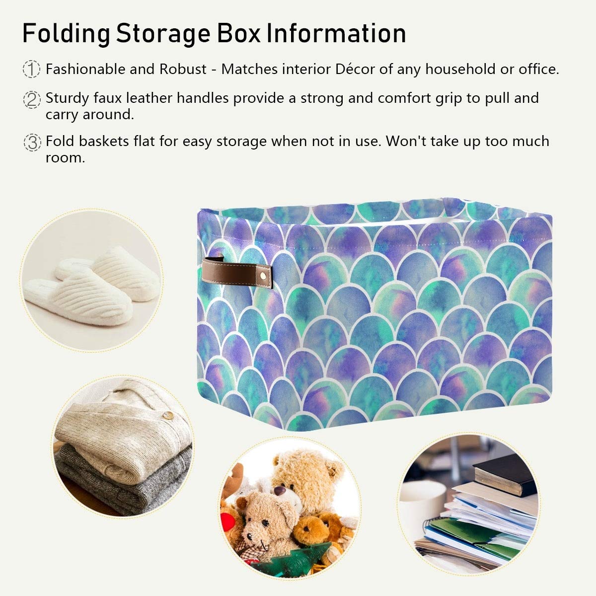 Rainbow Mermaid Scales Square Storage Basket - Canvas Closet & Shelf Organizer for Home Office - Foldable Decorative Bin for Toys, Books, Laundry (1 Pack) | Perfect for Bedroom, Bathroom & Kids Room Organization