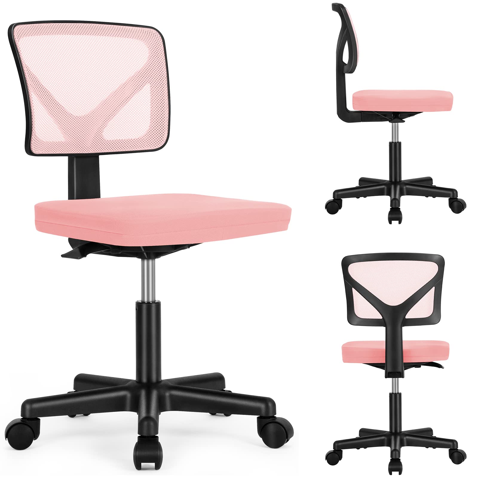NEWBULIG Small Office Chair Armless with Wheels - Swivel Desk Chair with Lumbar Support & Height Adjustable - Ergonomic Computer Chair for Home Office, Study Room, Vanity & Small Spaces
