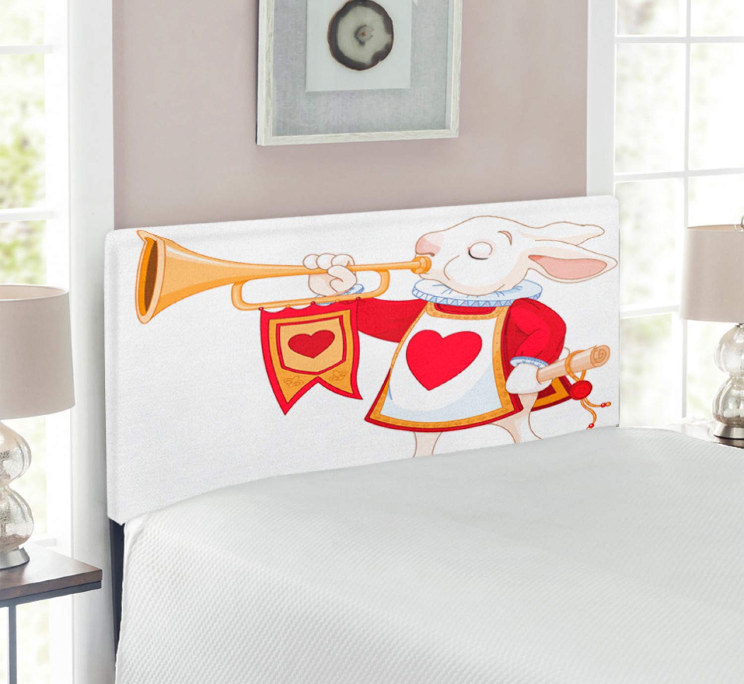 Ambesonne Alice in Wonderland Twin Size Upholstered Headboard - Royal Rabbit Trumpet Heart Design, Decorative Metal Bed Frame with Memory Foam in Yellow White Red | Perfect for Kids Bedroom, Nursery, or Fantasy Themed Decor