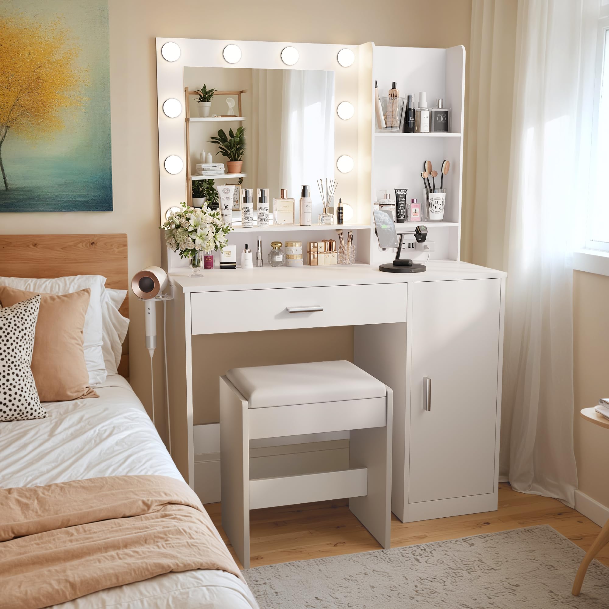 YESHOMY Vanity Desk with LED Lighted Mirror - Makeup Dressing Table with Hair Dryer Holder & Power Outlet, White Bedroom Dresser with Drawers & Storage Cabinets - 3 Adjustable Lighting Modes & Brightness Control | Perfect for Makeup Application, Hair Styling & Bedroom Organization
