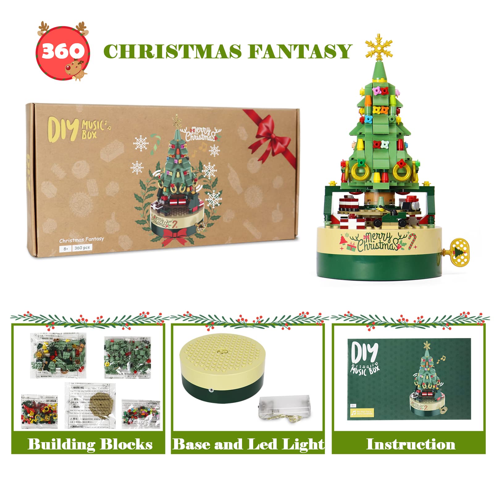 Christmas Tree Building Blocks Set for Kids - DIY Holiday Music Box with LED Lights, Creative STEM Toy for Boys & Girls | Perfect for Holiday Decor, Gifts & Family Bonding Activities