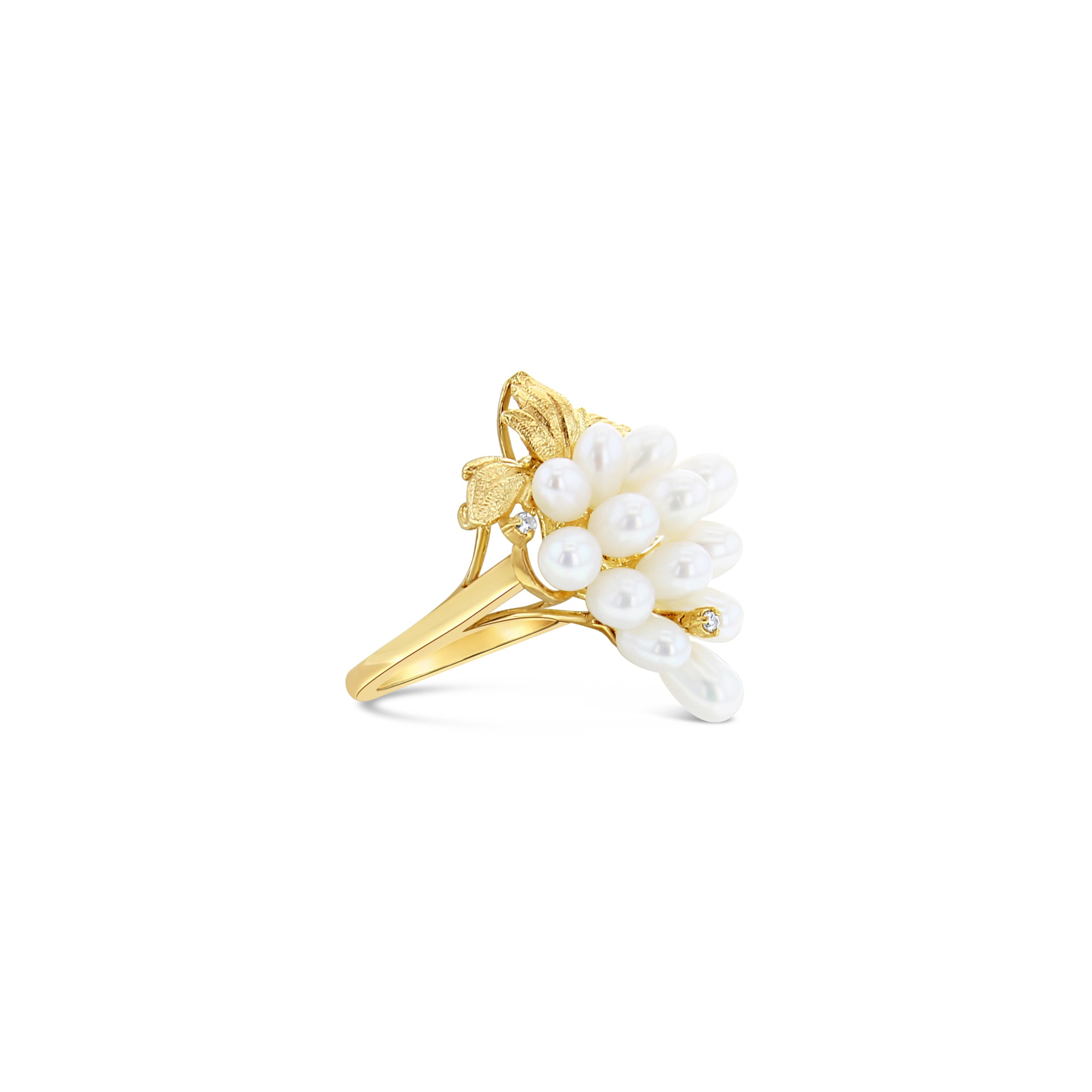 14K Yellow Gold Freshwater Pearl Grape Cluster Cocktail Ring with Small Diamonds - Elegant Jewelry for Evening Parties, Weddings & Special Occasions