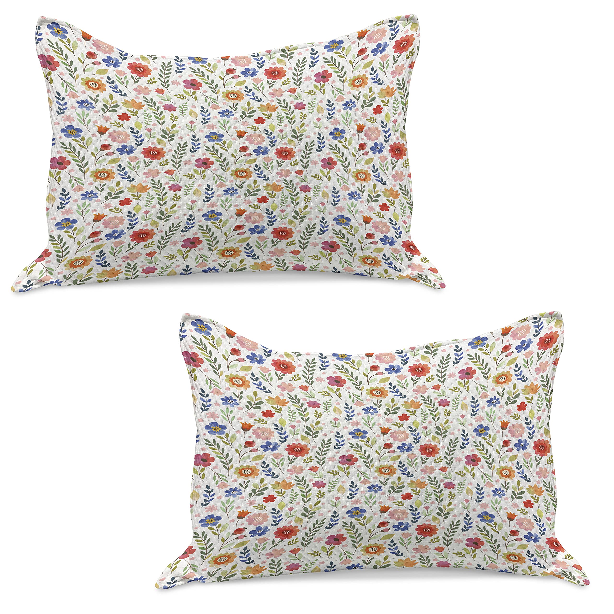 Ambesonne Watercolor Quilted Pillow Cover Set of 2 - Floral Botanical Design with Abstract Leaves & Wildflowers - Standard King Size 36