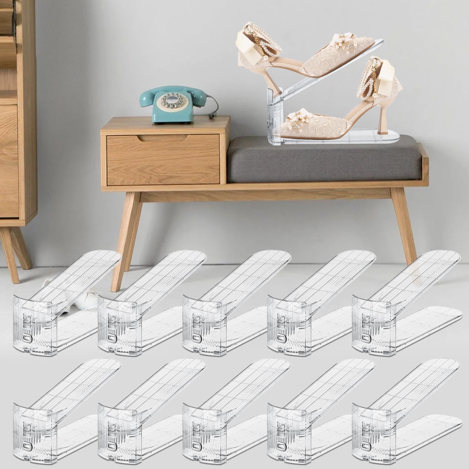 10-Pack Adjustable Transparent Shoe Stackers - Double Layer Shoe Rack Organizer for Closet Space Saving | Perfect for Sneakers, Heels & Boots Storage in Small Spaces