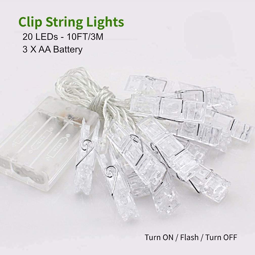 Battery Powered LED Fairy String Lights with Clips - 3M/10FT Warm White Photo Display Lights for Wedding, Christmas Party, Kids Room Wall Decor - Indoor & Outdoor Decorative Lighting for Home, Bedroom, Garden and Events