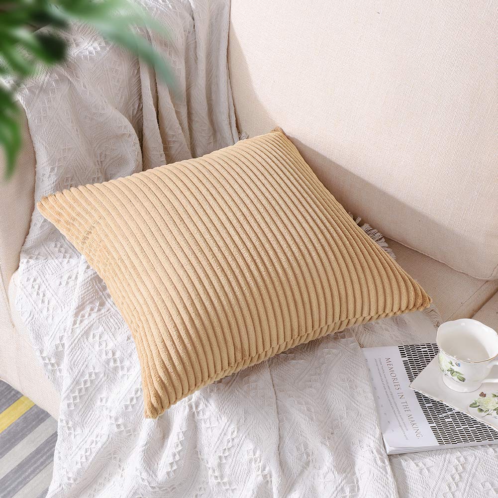 Artscope Cozy Striped Corduroy Pillow Covers 24x24 Inches - Super Soft Decorative Square Throw Pillow Cases for Sofa, Couch, Bed & Car - Khaki Home Decor | Perfect for Living Room, Nursery & Office Accents