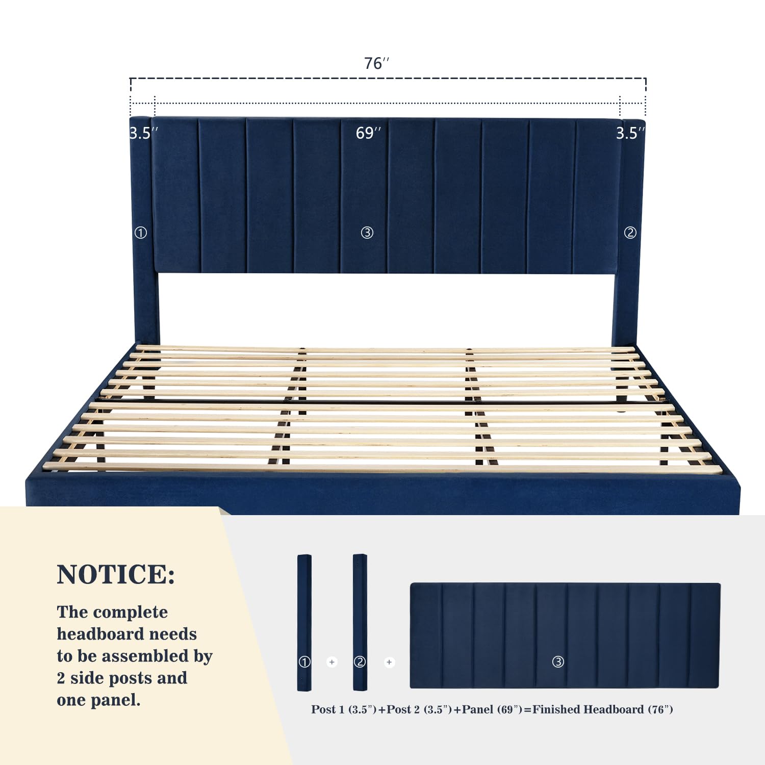 Allewie King Size Velvet Upholstered Platform Bed Frame with Channel Tufted Headboard - Sturdy Wood Slat Support, No Box Spring Needed, Navy Blue | Perfect for Modern Bedrooms & Guest Rooms
