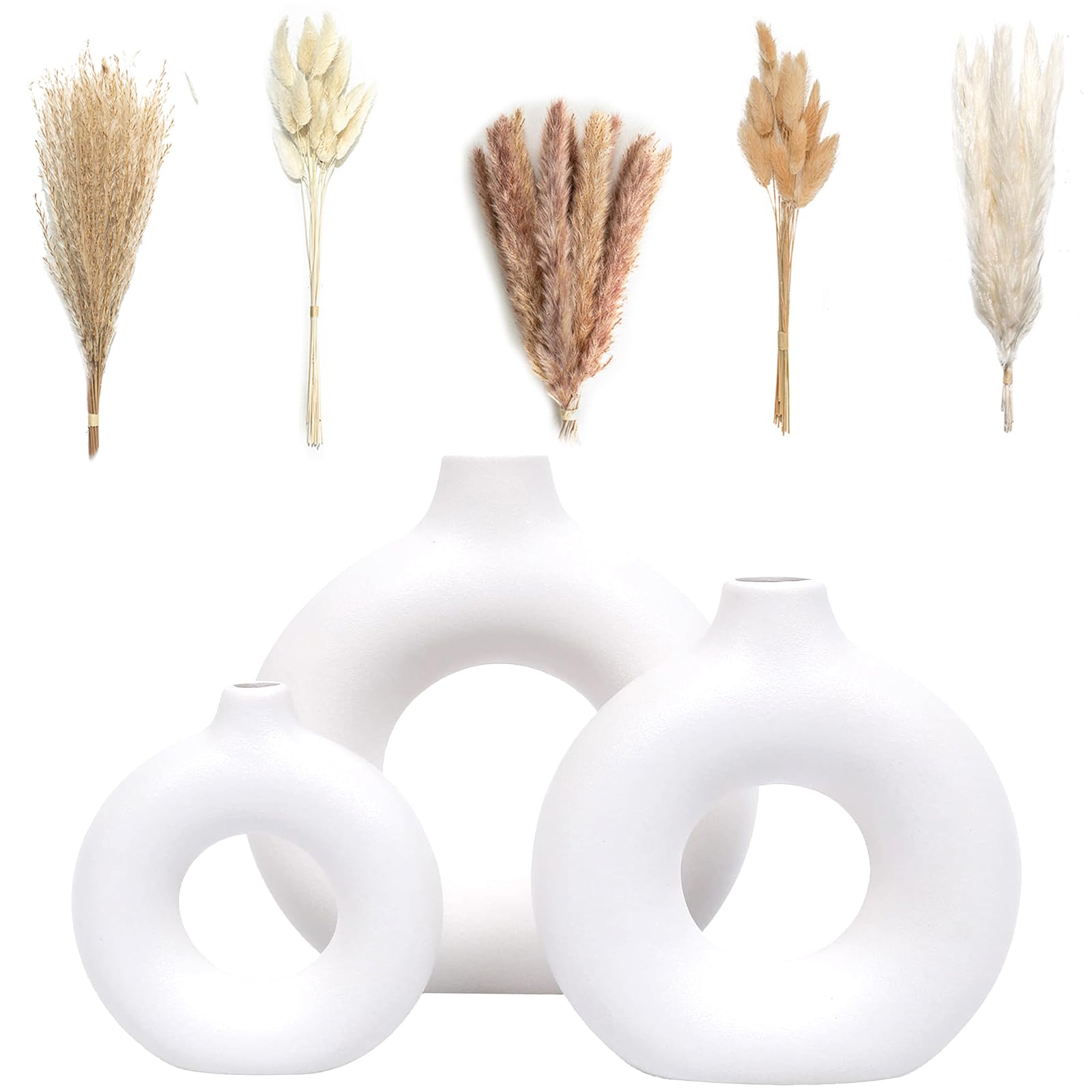 VELOVA Set of 3 White Ceramic Vases with 65 PCS Dried Pampas Grass - Modern Boho Home Decor for Living Room, Bedroom, Office Desk & Coffee Table - Perfect Aesthetic Gift for Women & Mom