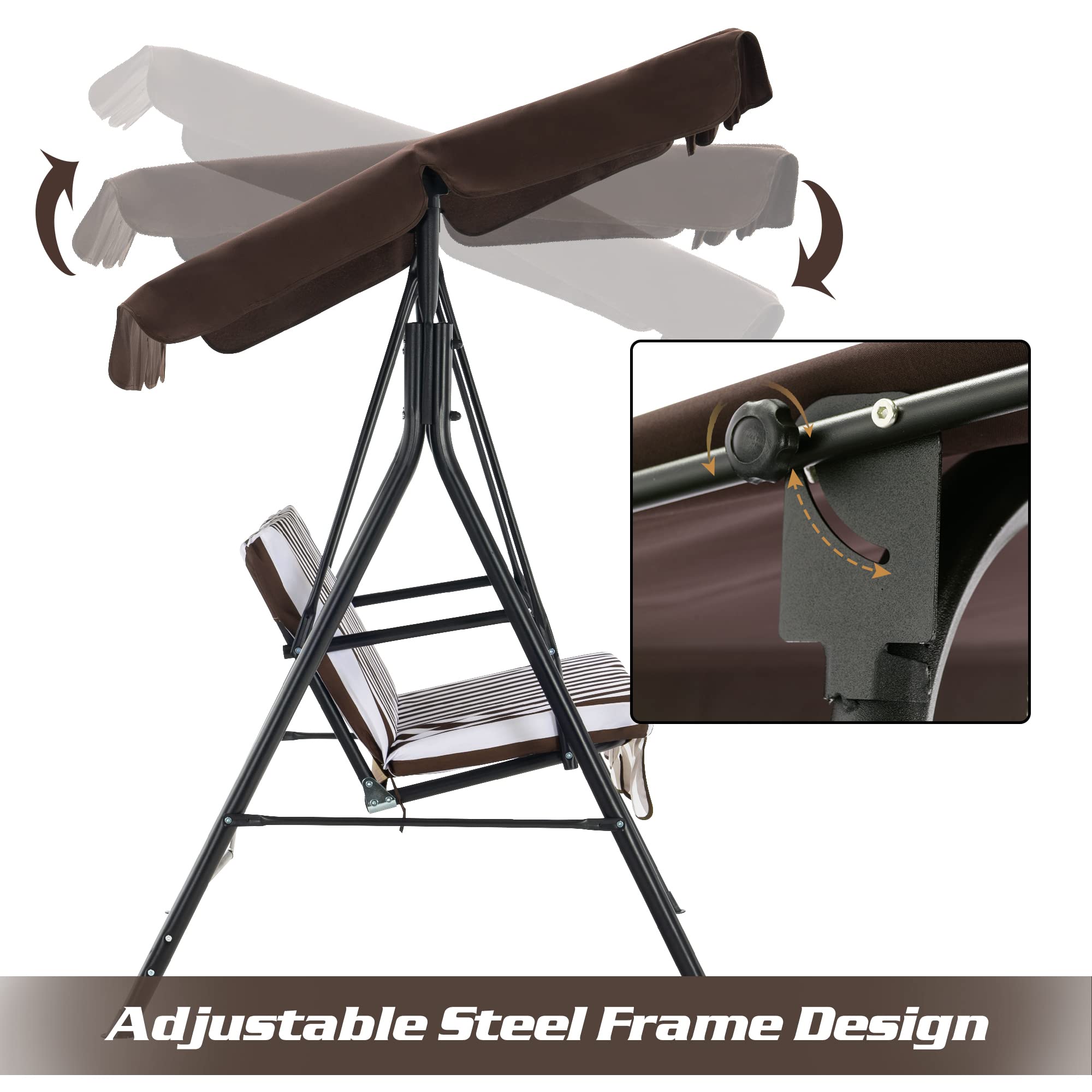 MCombo 2-3 Person Outdoor Patio Swing Chair with Canopy & Steel Stand - Removable Cushions, Weather-Resistant, for Backyard, Garden, Balcony, Porch (Brown with White Stripes) - Perfect for Relaxing, Lounging & Enjoying Summer Breezes