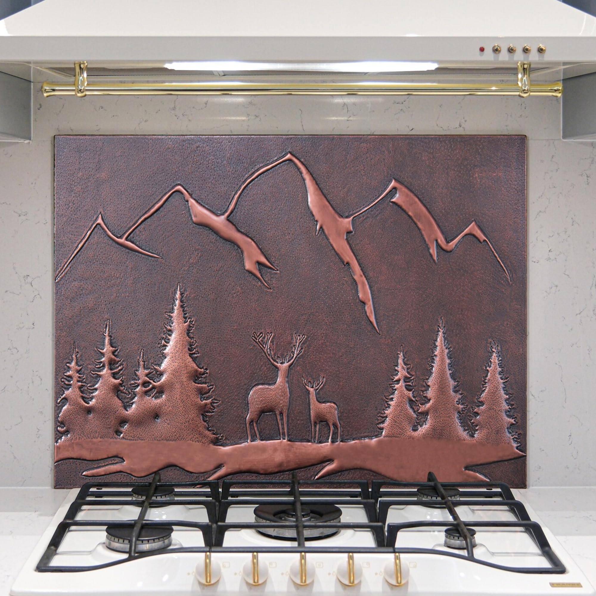 Handmade Copper Backsplash Tile - Nature Scene with Mountains & Deer Forest Design - Indoor & Outdoor Kitchen Wall Decor - Perfect for Rustic & Modern Home Décor (Brown)