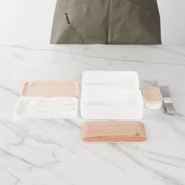 Bento Tek 41 oz Wood Grain & White Buddha Lunch Box with Utensils & Sauce Cup - All-in-One Meal Prep Container (7.25