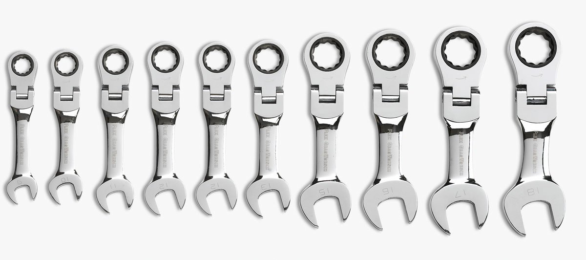 GEARWRENCH 10-Piece 12-Point Stubby Flex Head Ratcheting Combination Wrench Set, Metric (9550) - Compact Tool Kit for Tight Spaces & Automotive Repairs