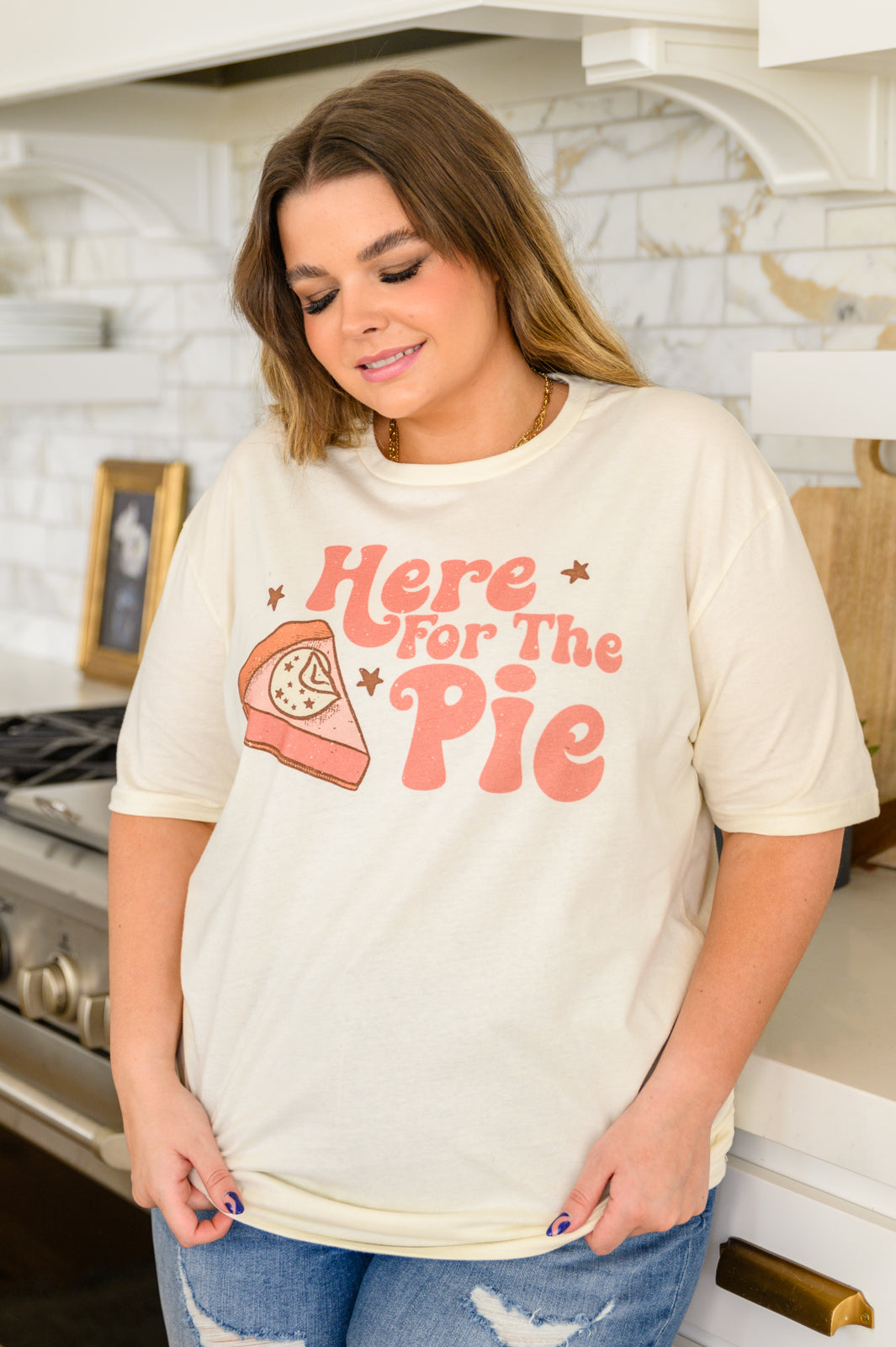 Here For The Pie Graphic T-Shirt in Cream | Funny Baking Lover Tee | Perfect for Baking Enthusiasts & Pie Lovers