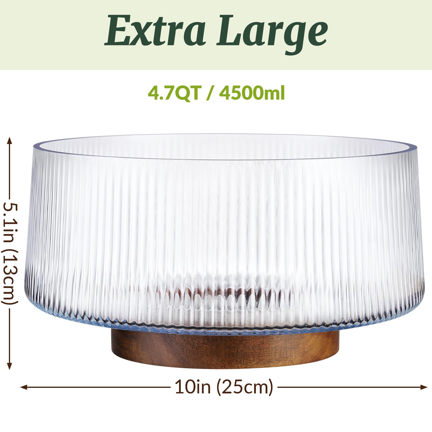 NiHome Large Glass Salad Bowl with Wood Base - Perfect for Family Dinners & Parties