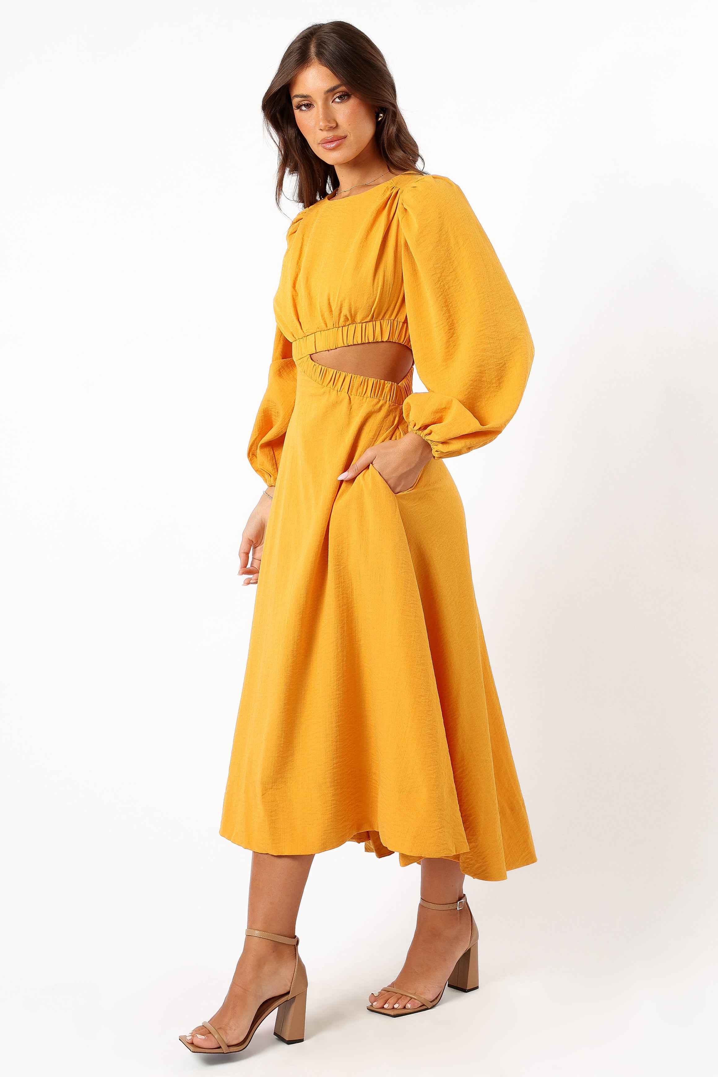 Ginnee Puff Sleeve Cutout Midi Dress in Mustard Yellow | Flowy Summer Dress for Women | Perfect for Beach Vacations, Date Nights & Outdoor Parties