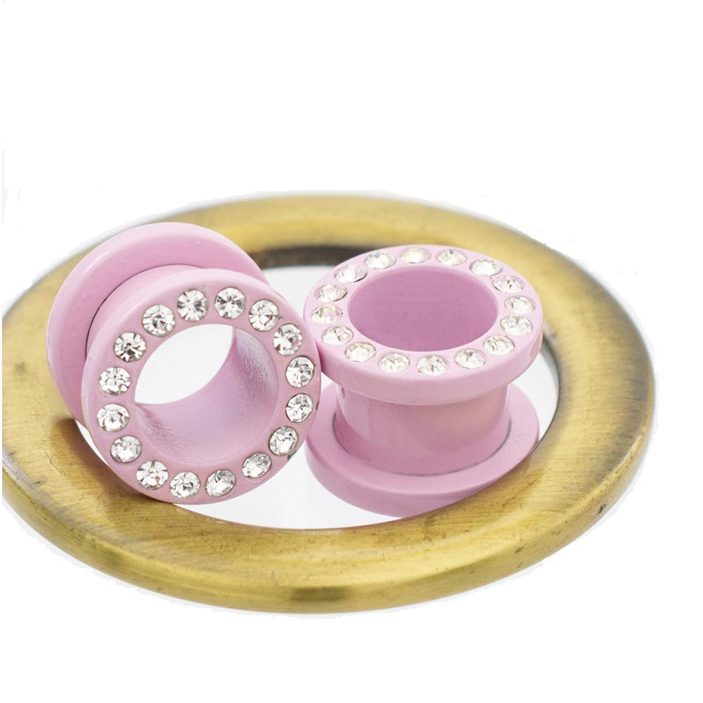 2PCS Surgical Steel PVD Matte Pastel Pink Ear Gauges with CZ Gem Rhinestones - Screw Fit Tunnels Plugs Expander Stretchers for Lobe Earrings - 12G (1/2