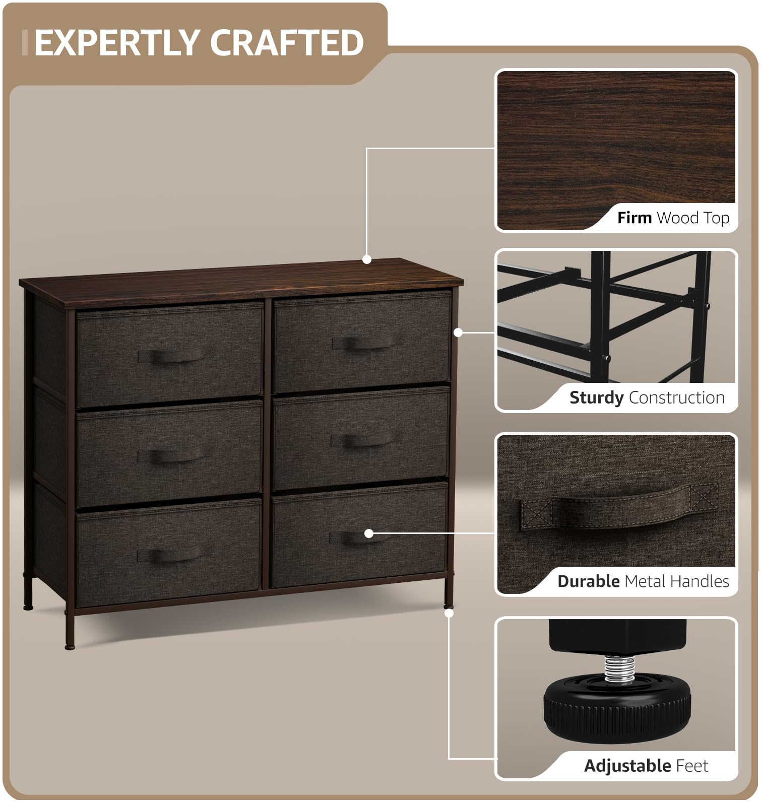 Sorbus 6-Drawer Dresser Organizer with Steel Frame & Wood Top - Easy Pull Fabric Bins for Clothes Storage - Sturdy Bedroom, Living Room, Nursery, Closet Furniture - Perfect for Small Spaces & Home Organization