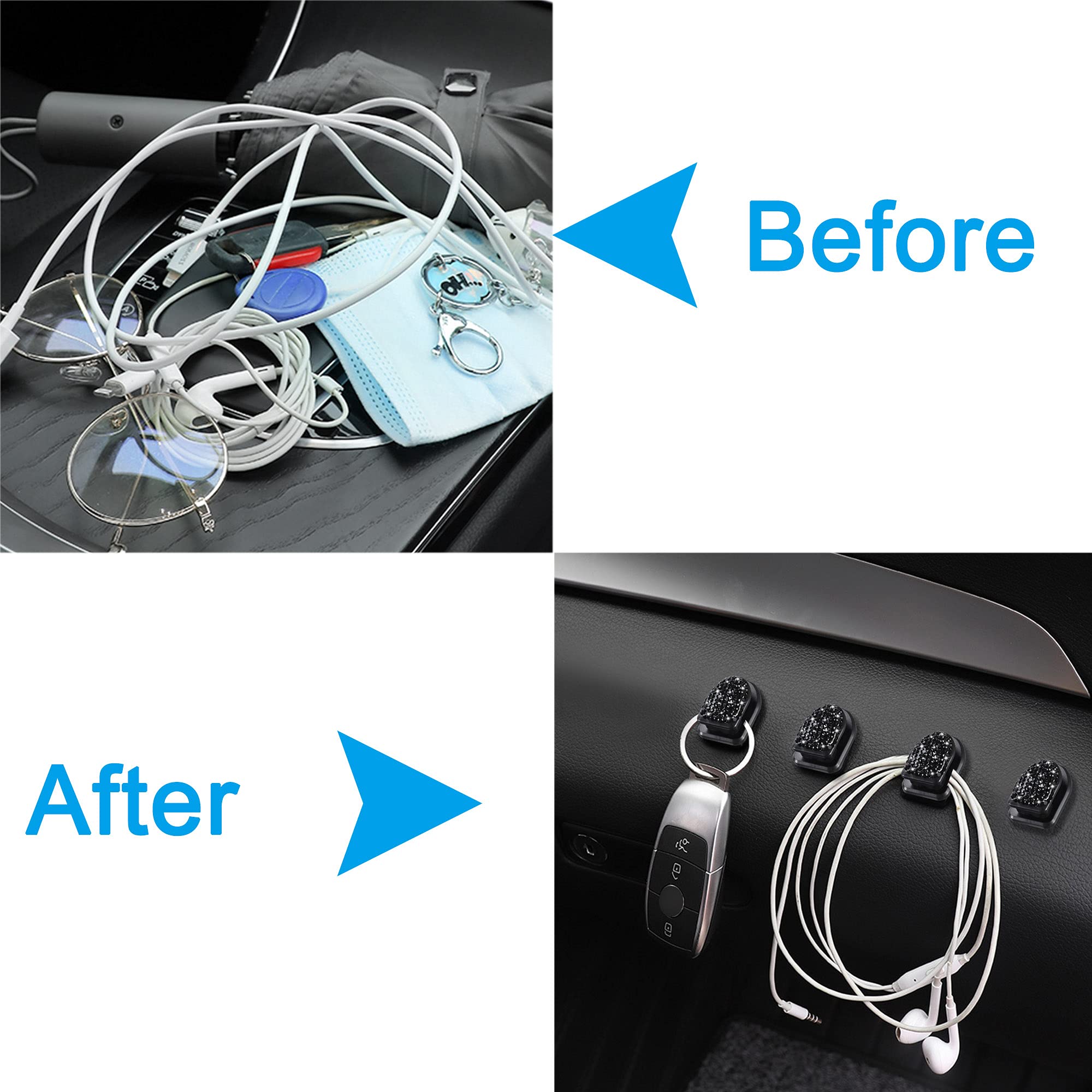 Winka Bling Car Hooks 4 Pack - Crystal Car Accessories for Keys & Sunglasses, Multifunctional Dashboard Hanging Storage Hook with Diamond Design, Universal Car Organizer (Black) - Perfect for Road Trips & Daily Commute