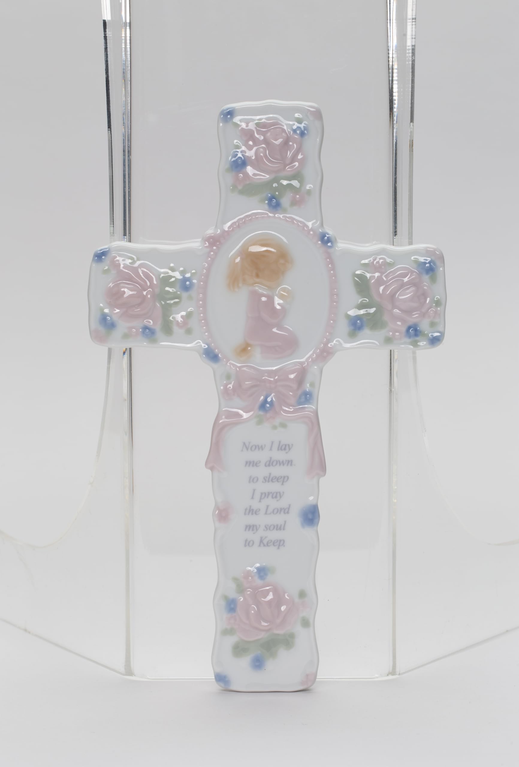 Fine Porcelain Praying Girl Figurine with Cross & Pink Ribbon - Home Decor & Gift