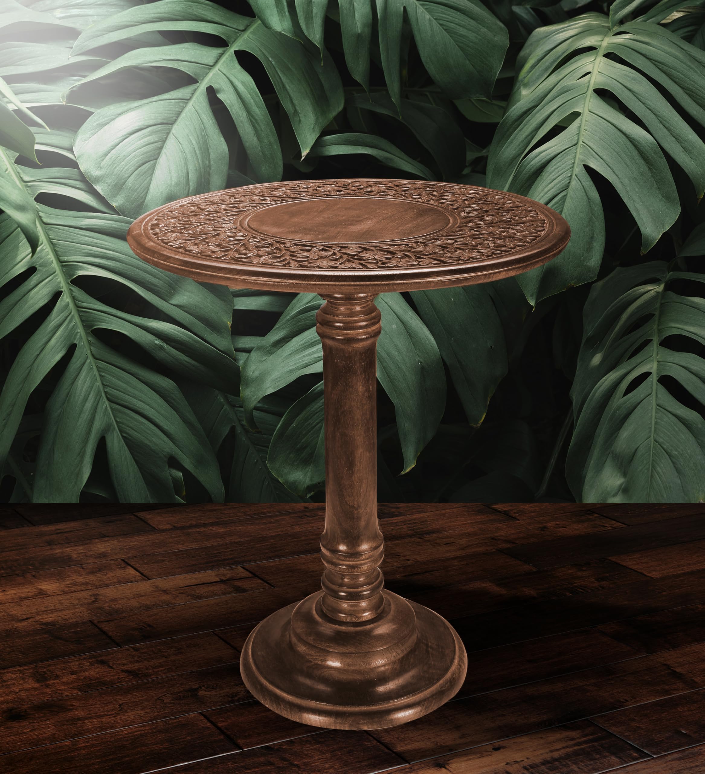 Handcrafted Wooden Coffee Table - 18x22 Inch Single Pillar End Table, Small Nightstand, Carved Side Table for Living Room & Bedroom - Perfect for Magazines, Books & Plants (Burnt Finish) - Ideal for Small Spaces, Apartments, and Cozy Home Decor