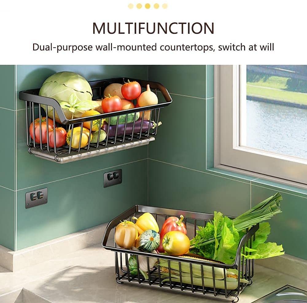 Stainless Steel 1-Tier Wall Mounted Fruit and Vegetable Basket - Drained Kitchen Storage Rack for Fruits, Veggies, Sponges - Perfect for Small Kitchens, Bathrooms & Pantries (Large, Silver)