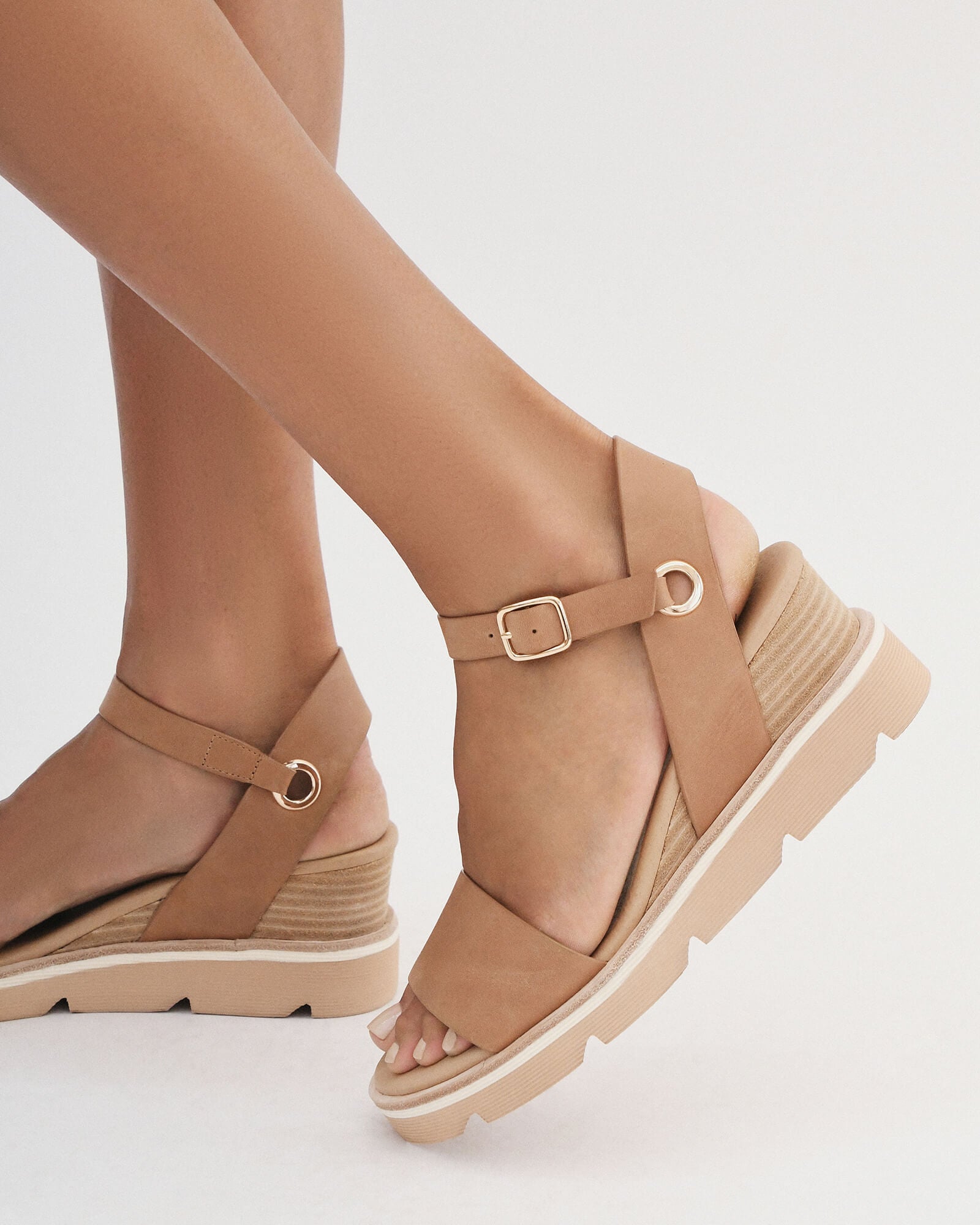 KATIE Women's Mid Heel Wedge Sandals - Tan Leather Comfortable Summer Shoes for Beach, Party & Casual Outings