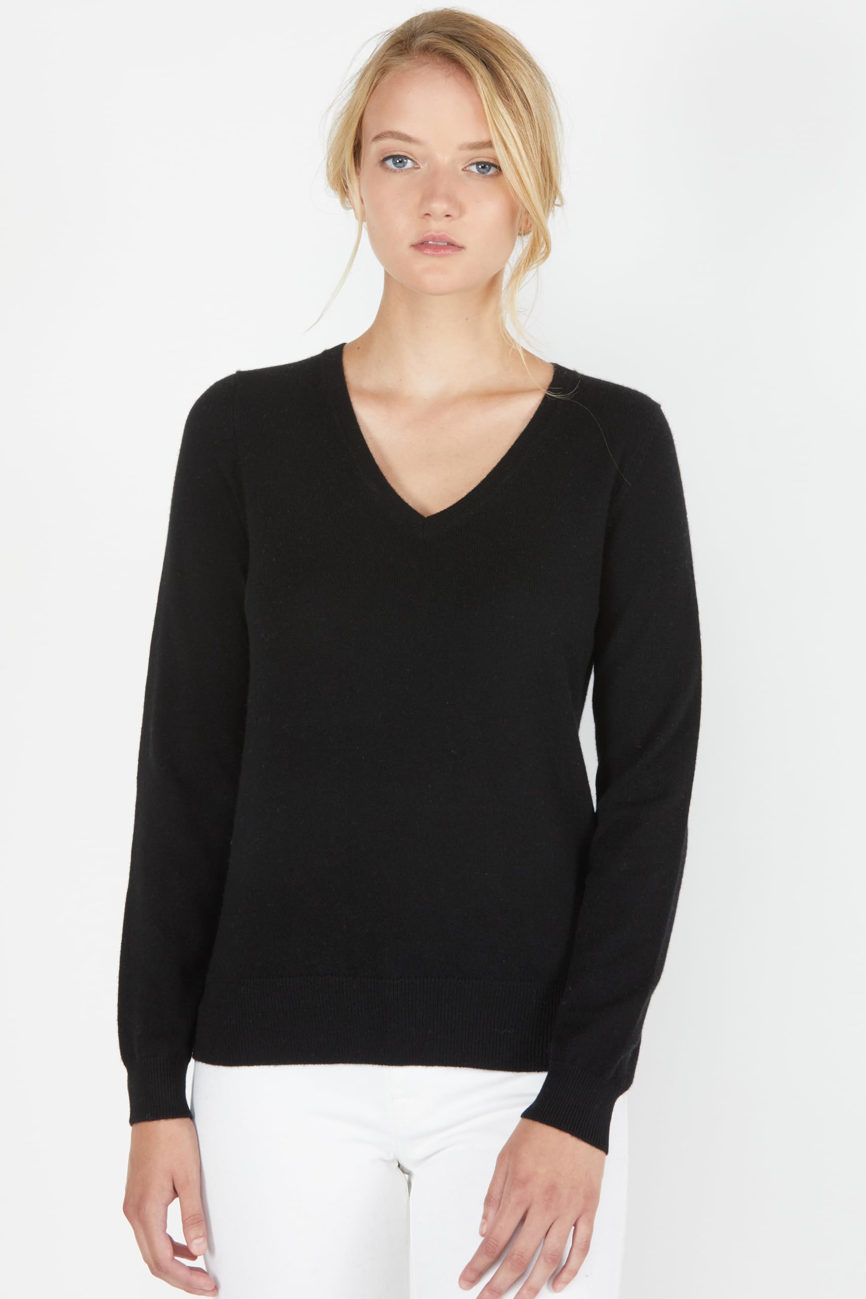 JENNIE LIU Women's 100% Pure Cashmere V-Neck Long Sleeve Sweater - Soft & Warm Pullover for Fall & Winter, Office Wear & Casual Outfits