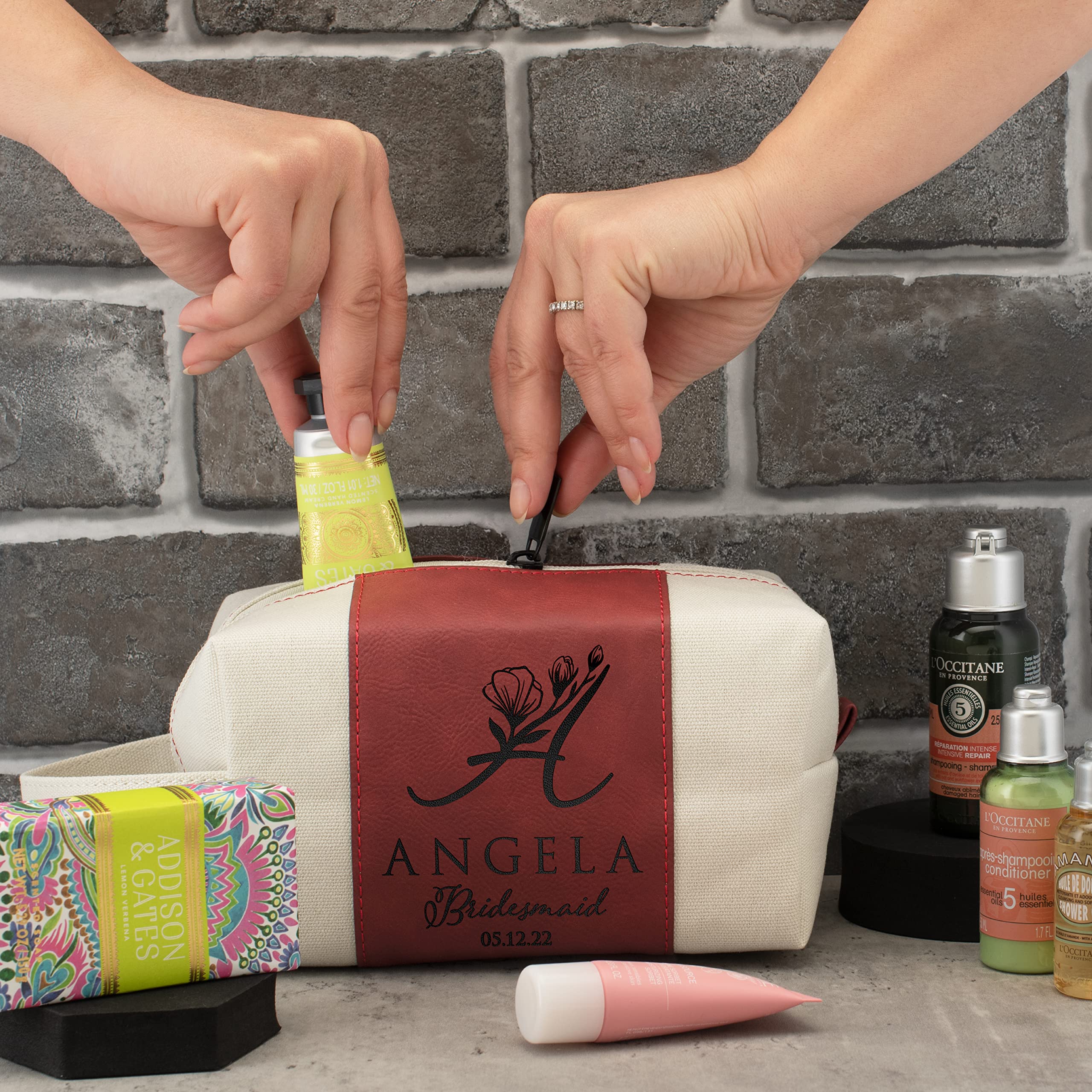 Personalized Bridesmaid Gifts Set of 6 - Custom Toiletry Bags for Women with Name, Title & Date - 3 Designs & 4 Colors - Perfect for Bridesmaid Proposals, Bridal Showers & Bachelorette Parties - Burgundy D2 Collection