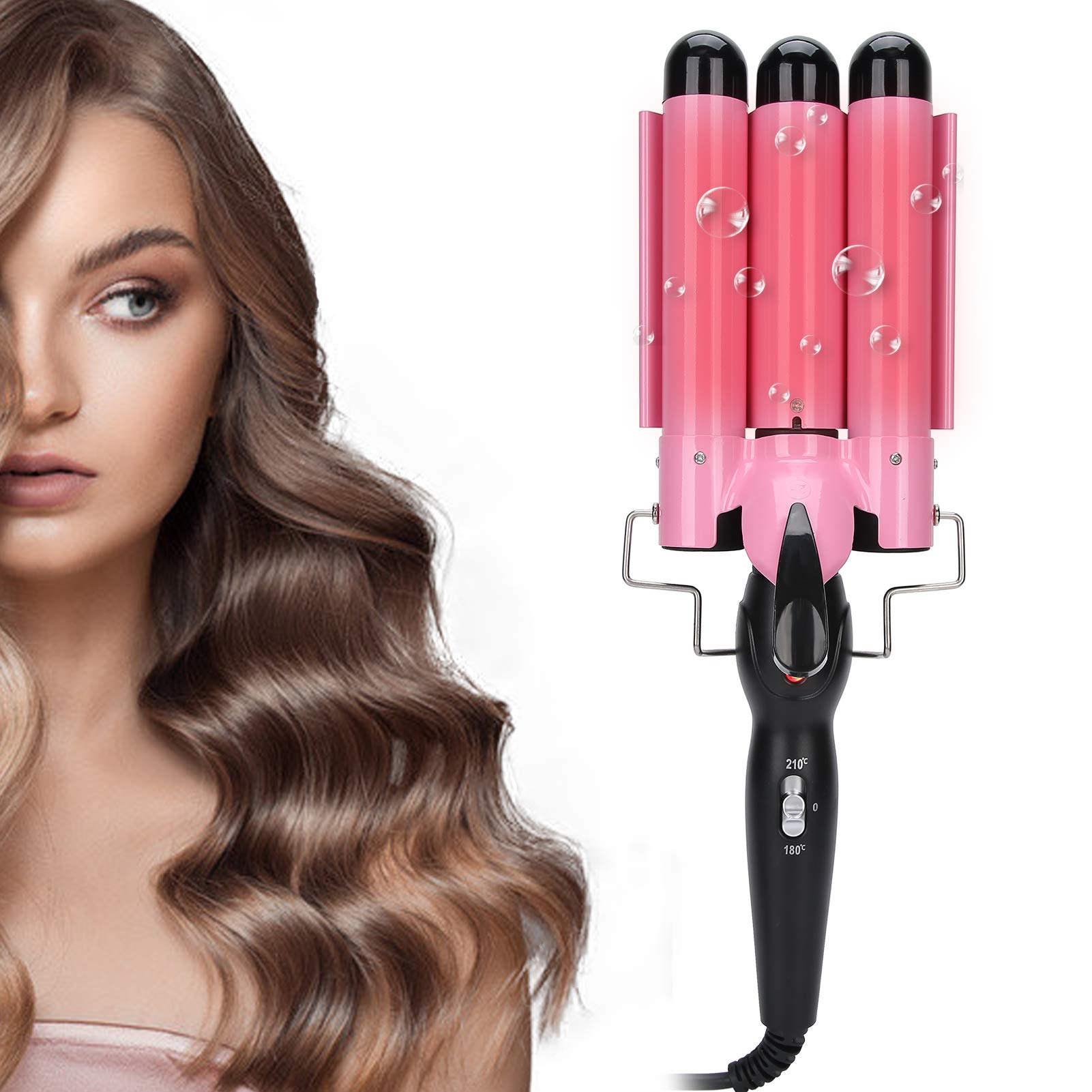 3 Barrel Curling Iron Wand - Adjustable Temperature Ceramic Hair Crimper & Waver with 3 Sizes (22mm Pink) for Beach Waves & Curly Styles - 110V-240V for Home & Salon Use