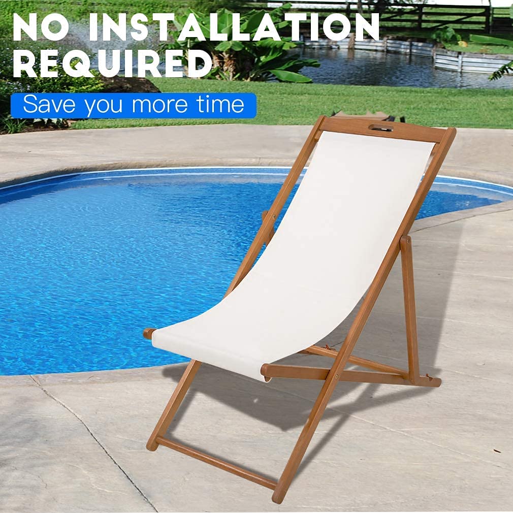 2-Pack Adjustable Reclining Beach Chairs - Portable Folding Lounge Chairs with Solid Eucalyptus Wood Frame & White Polyester Canvas - 3-Level Height Adjustment for Outdoor, Poolside, Camping & Backyard Relaxation