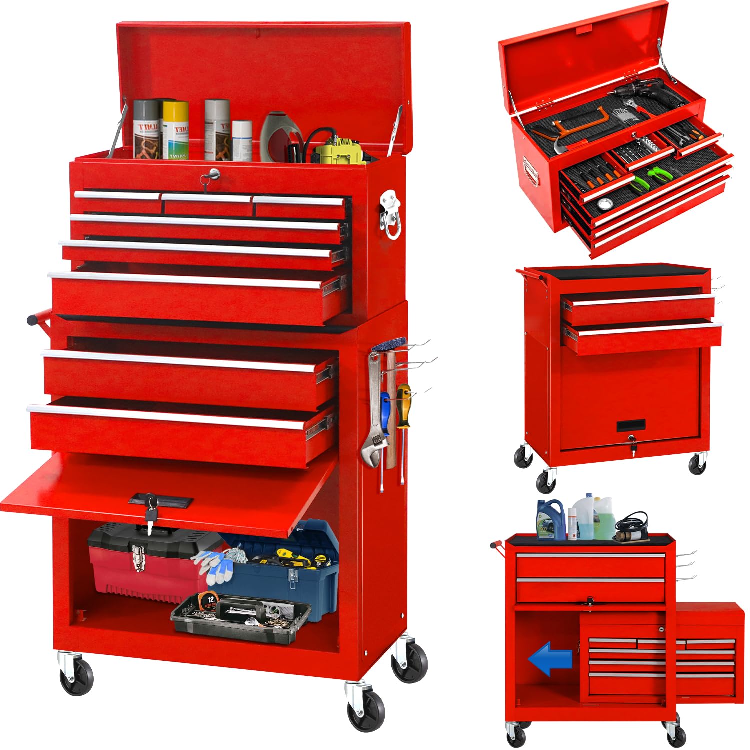 8-Drawer Rolling Tool Chest with Wheels - Heavy Duty Red Metal Tool Cabinet with Lockable Top Box | Perfect for Garage Organization, Warehouse Storage, Auto Repair Shops & Home Workshops