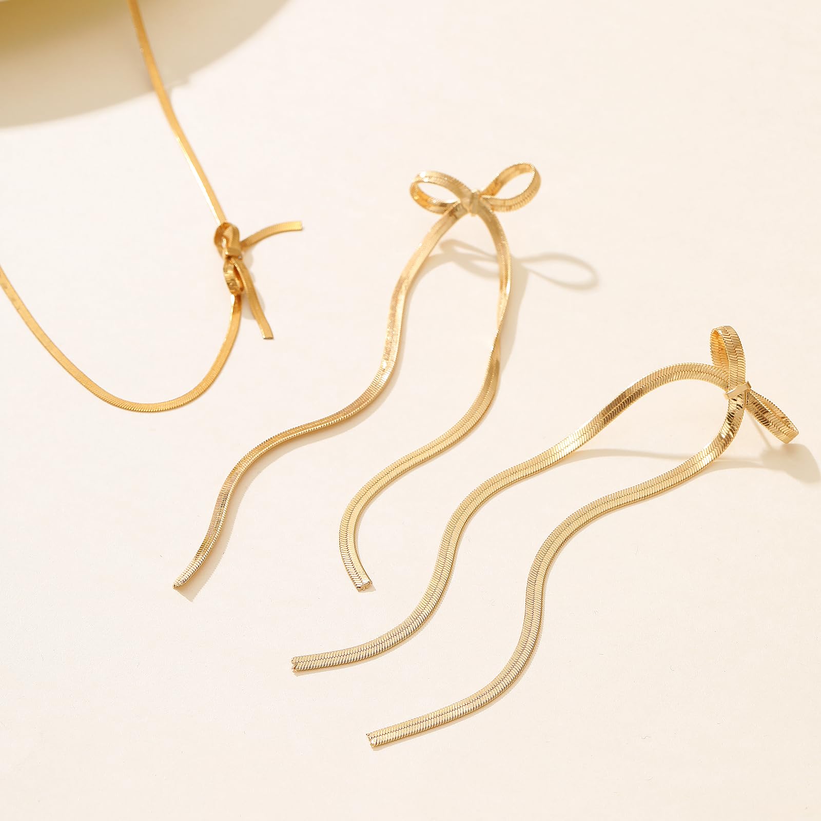 Elegant Bow Dangle Choker Necklace Set for Women - Long Tassel Chain Earrings & Dainty Gold Snake Chain Necklace - Wedding, Prom, Party Fashion Jewelry Set - Perfect Gift for Her - Ideal for Date Nights, Special Occasions and Everyday Wear