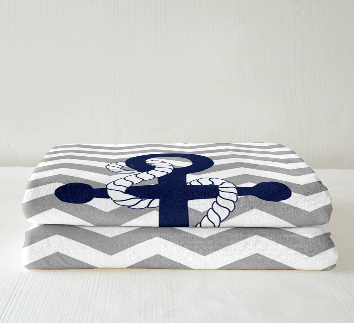 Anchor Print Fleece Throw Blanket - Super Soft Cozy Gray Stripes Sherpa Blanket for Kids, Women & Adults - Nautical Theme Plush Blanket - Ocean Style Fuzzy Blanket for Sofa, Bed & Couch (30x40 Inches) - Perfect for Living Room Decor, Gift Giving & Winter Warmth