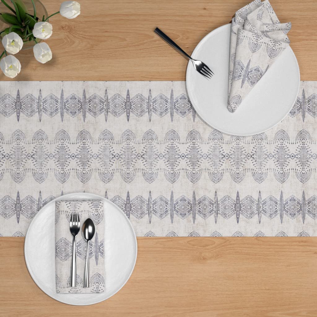 Custom French Boho Geometric Black Print Cotton Sateen Table Runner 108