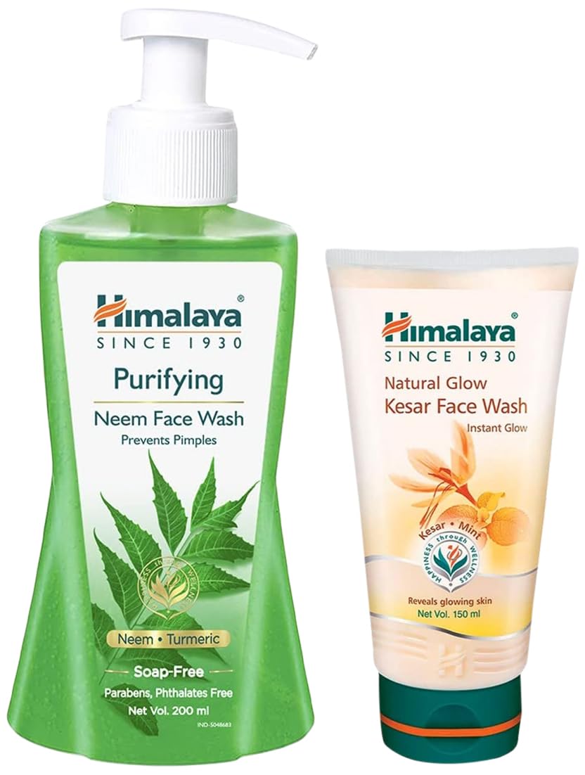 Himalaya Herbals Purifying Neem Face Wash & Fairness Kesar Face Wash Combo - 200ml & 150ml - Natural Ayurvedic Cleanser for Acne, Dark Spots & Glowing Skin - Perfect for Daily Skincare Routine & Travel