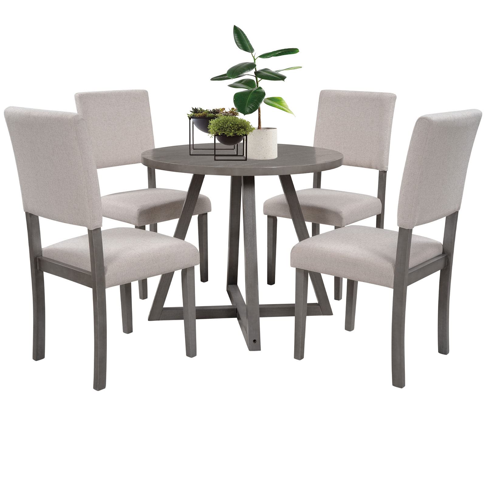 MaSYZBF 5-Piece Wooden X-Shaped Round Dining Table Set with 4 Upholstered Chairs - Perfect for Small Spaces, Kitchen, Dining Room | Compact & Stylish Furniture for Apartments, Breakfast Nooks, and Cozy Homes
