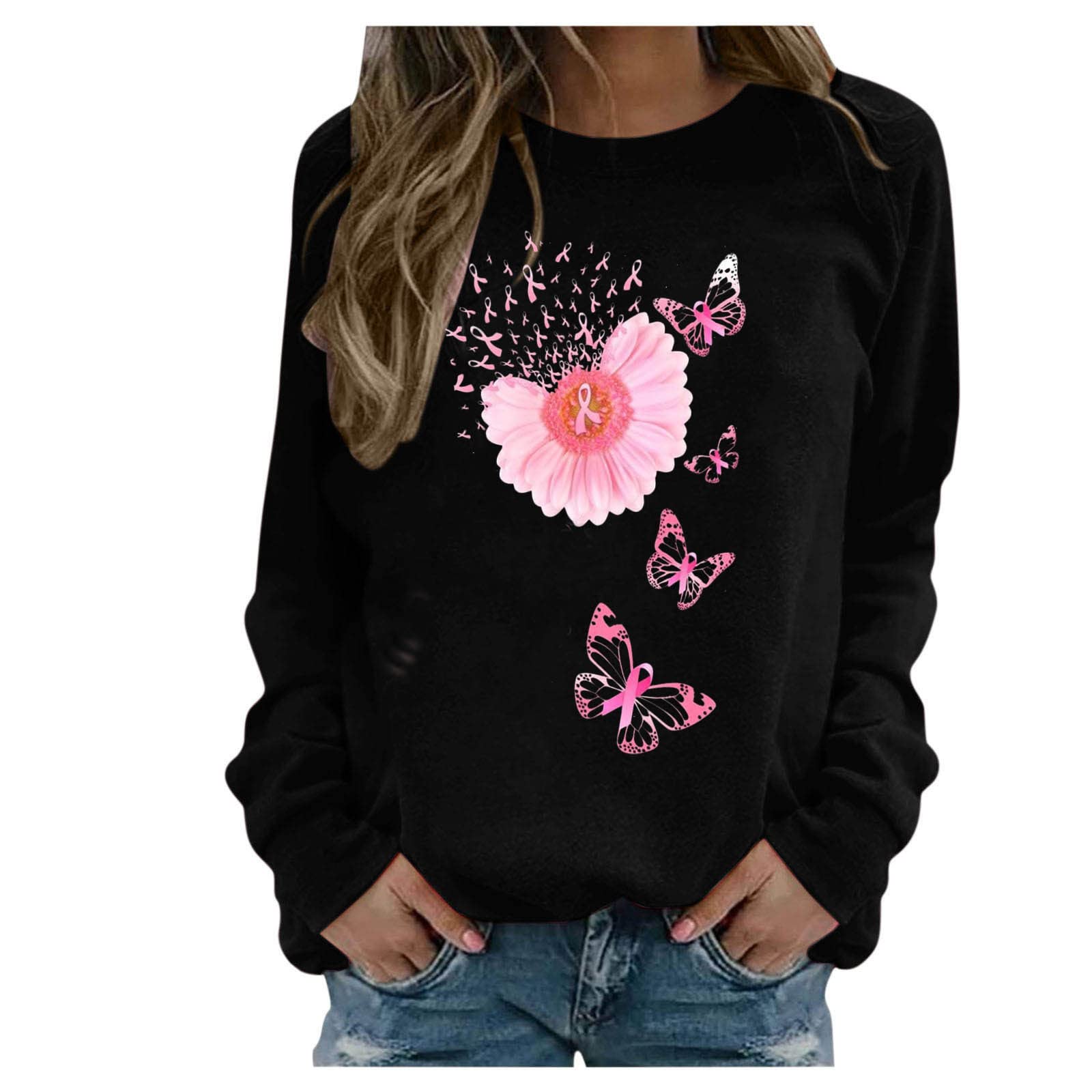 Women's Inspirational Breast Cancer Awareness T-Shirt - Long Sleeve Loose Fit Sweatshirt with Motivational Letter Print | Perfect for Survivors, Supporters & Awareness Events