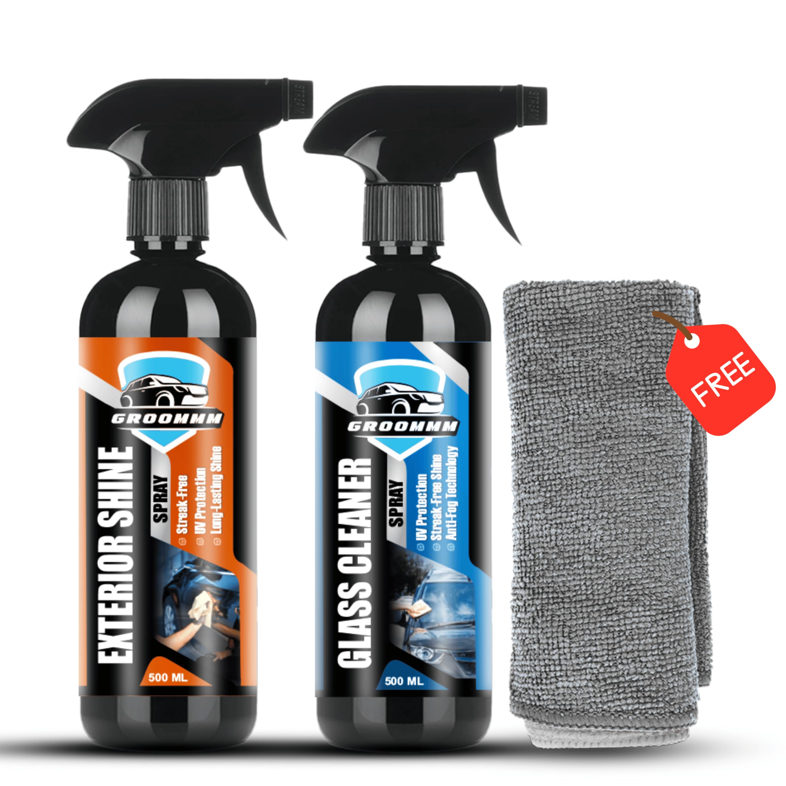 Premium Car Glass Cleaner Spray & Exterior Shine Polish (500ML X 2) - Streak-Free Windshield Cleaner, Auto Body Detailing Spray with Microfiber Cloth - Perfect for Car Wash, RV, Motorcycle & Boat Cleaning