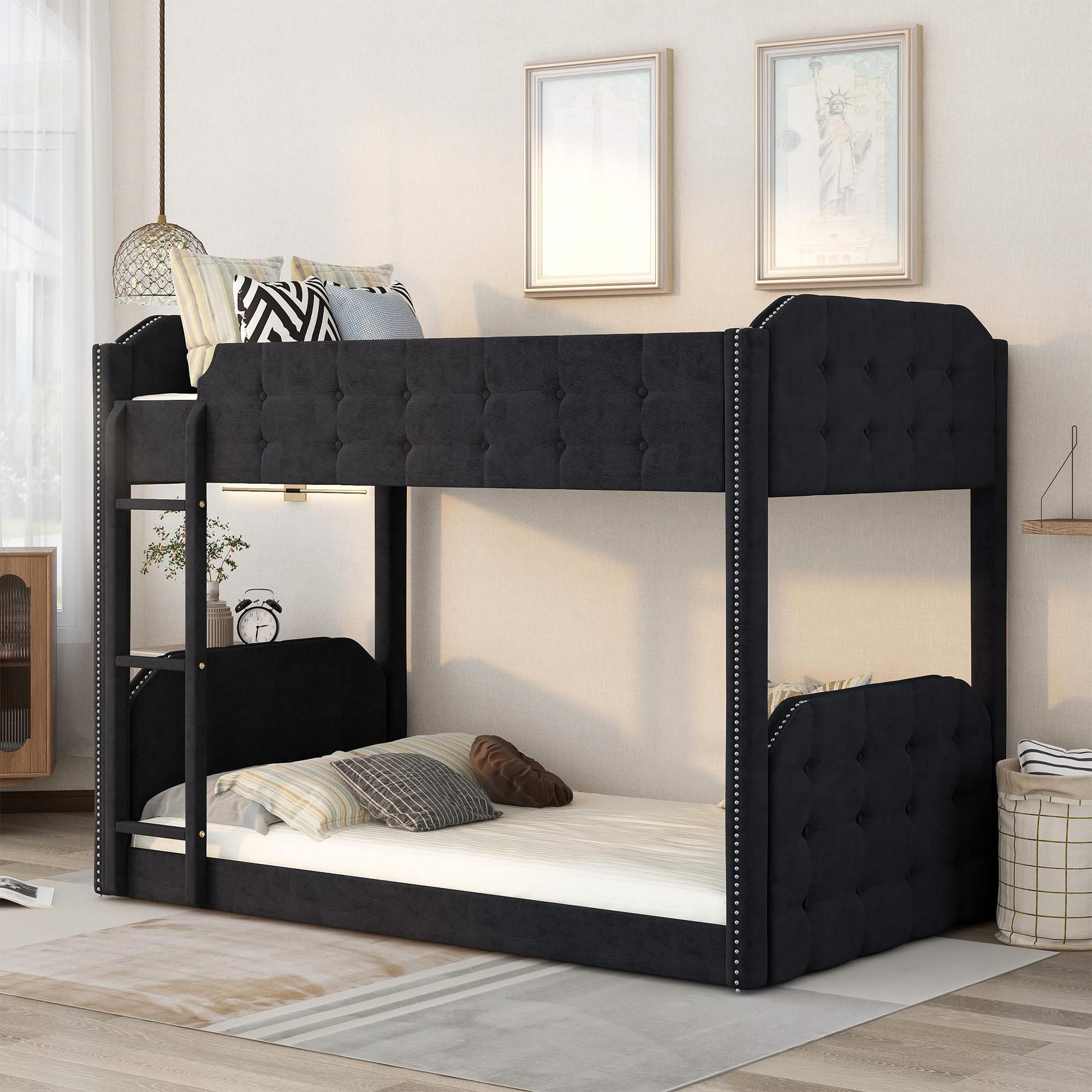 Idylist Twin Over Twin Upholstered Bunk Bed with Button-Tufted Headboard & Footboard - Space-Saving Black Bunk Bed for Kids & Teens - Perfect for Small Bedrooms, Guest Rooms & Vacation Homes