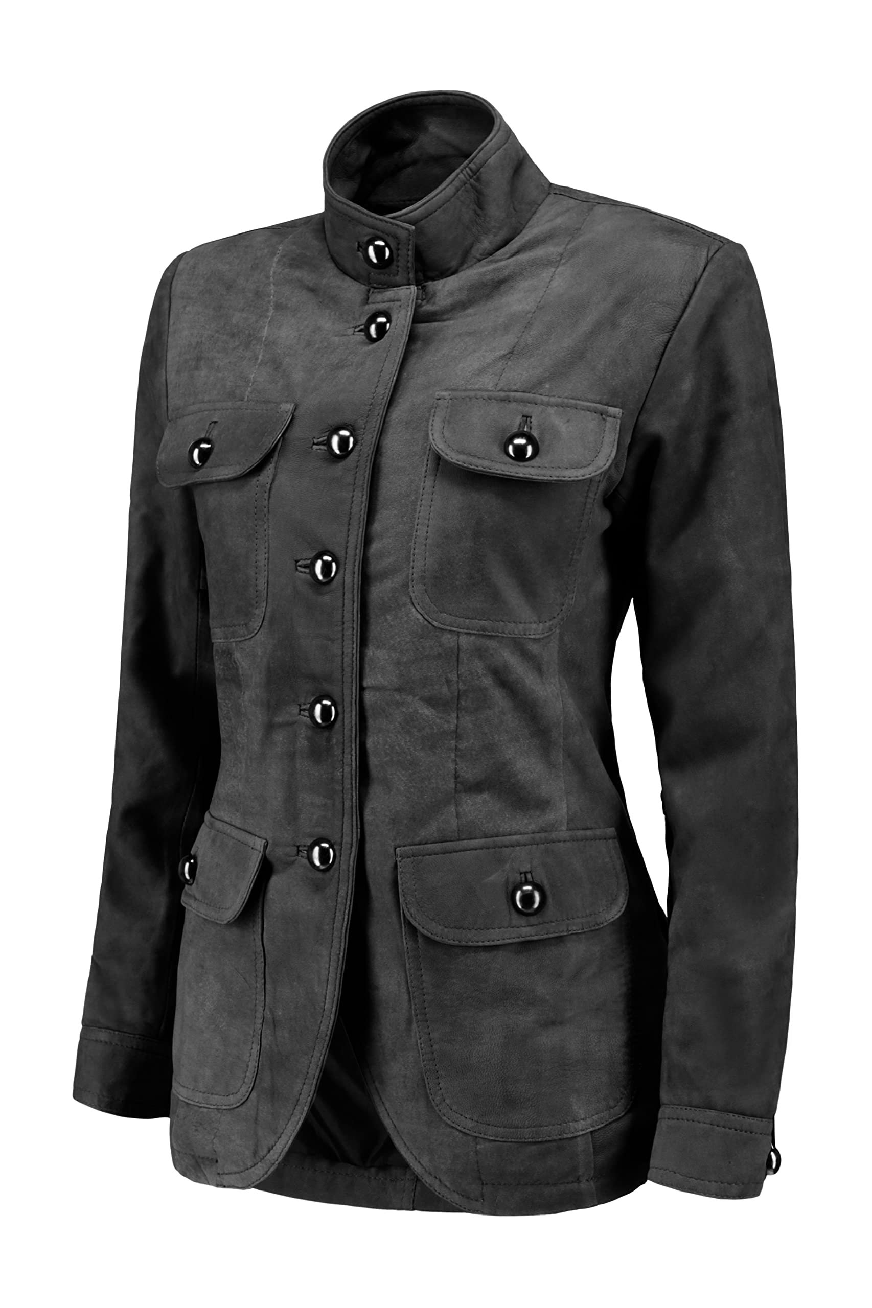 Vintage Suede Look Women's Leather Blazer with 5 Buttons, Four Pockets & Double Back Slit - Elegant Cuff Sleeves Jacket for Office, Dating & Special Occasions